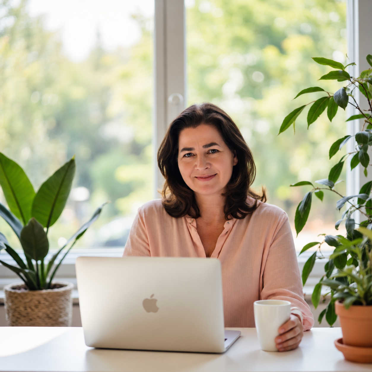 Yvonne Bosbach am Schreibtisch mit Laptop und Pflanzen